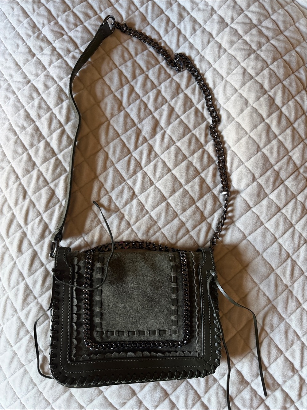 Zara Olive Green Suede & Leather Chain Shoulder Bag